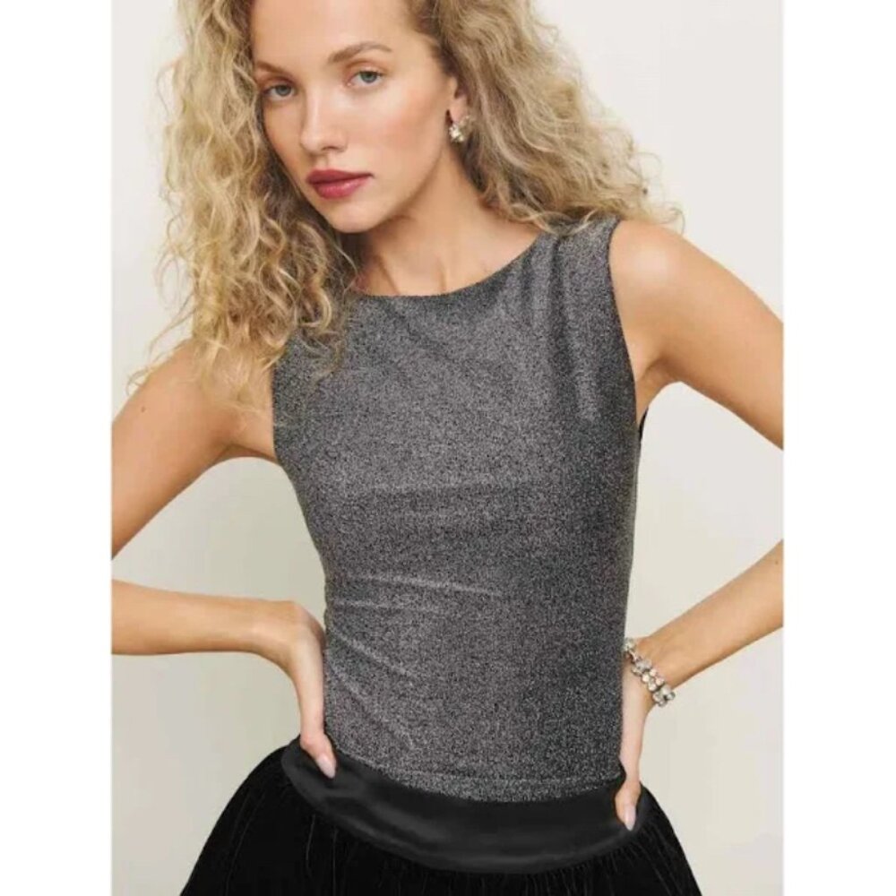 Reformation Dusk Knit Top - S - Black Silver Sparkle Brand New with Tags